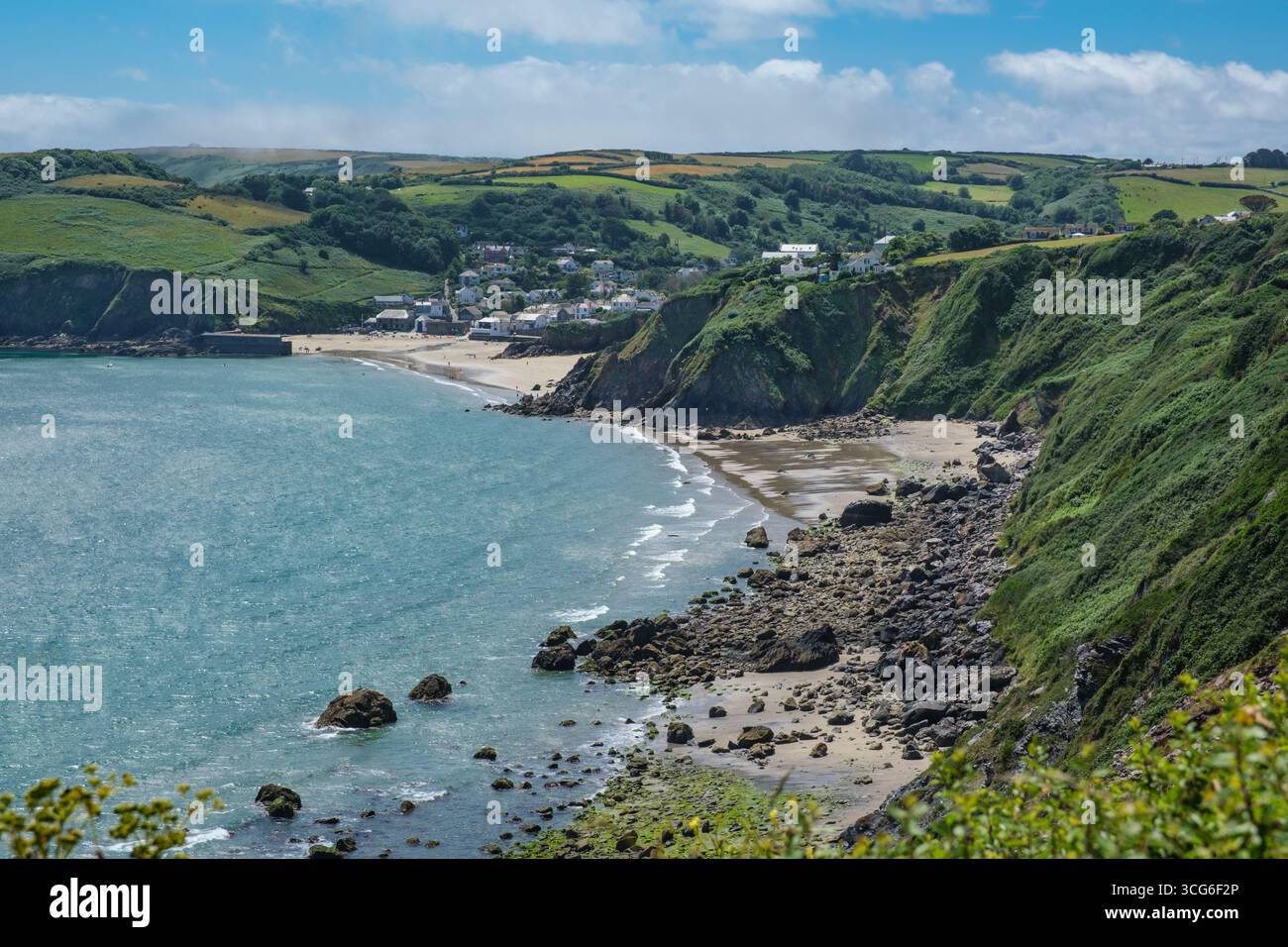 Cornwall, England, U.K. View of Gorran Haven from the South West Coast Path. Stock Photo