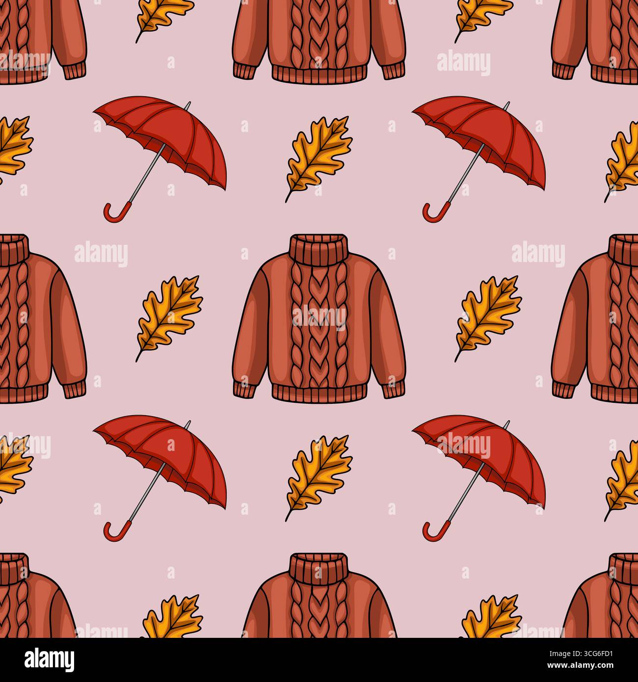 Seamless vector pattern featuring autumnal elements a red umbrella, a warm brown cable knit sweater, and falling oak leaves on a soft pink background, Stock Vector