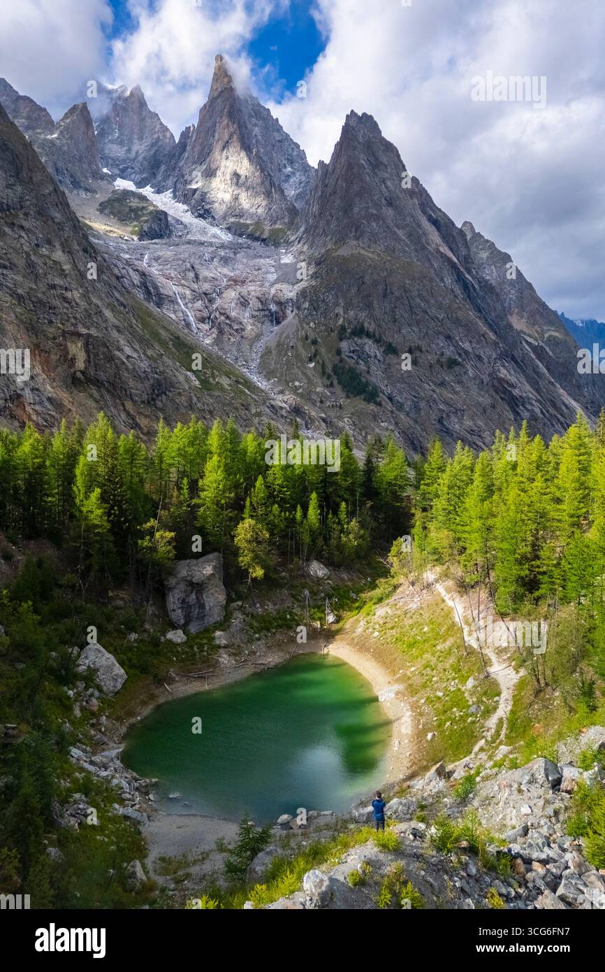 Aerial view of the mountain lake called Lac du Jardin du Miage or Lac Vert in summer. Val Veny, La Visaille, Courmayeur, Valle D’Aosta, Italy. Stock Photo