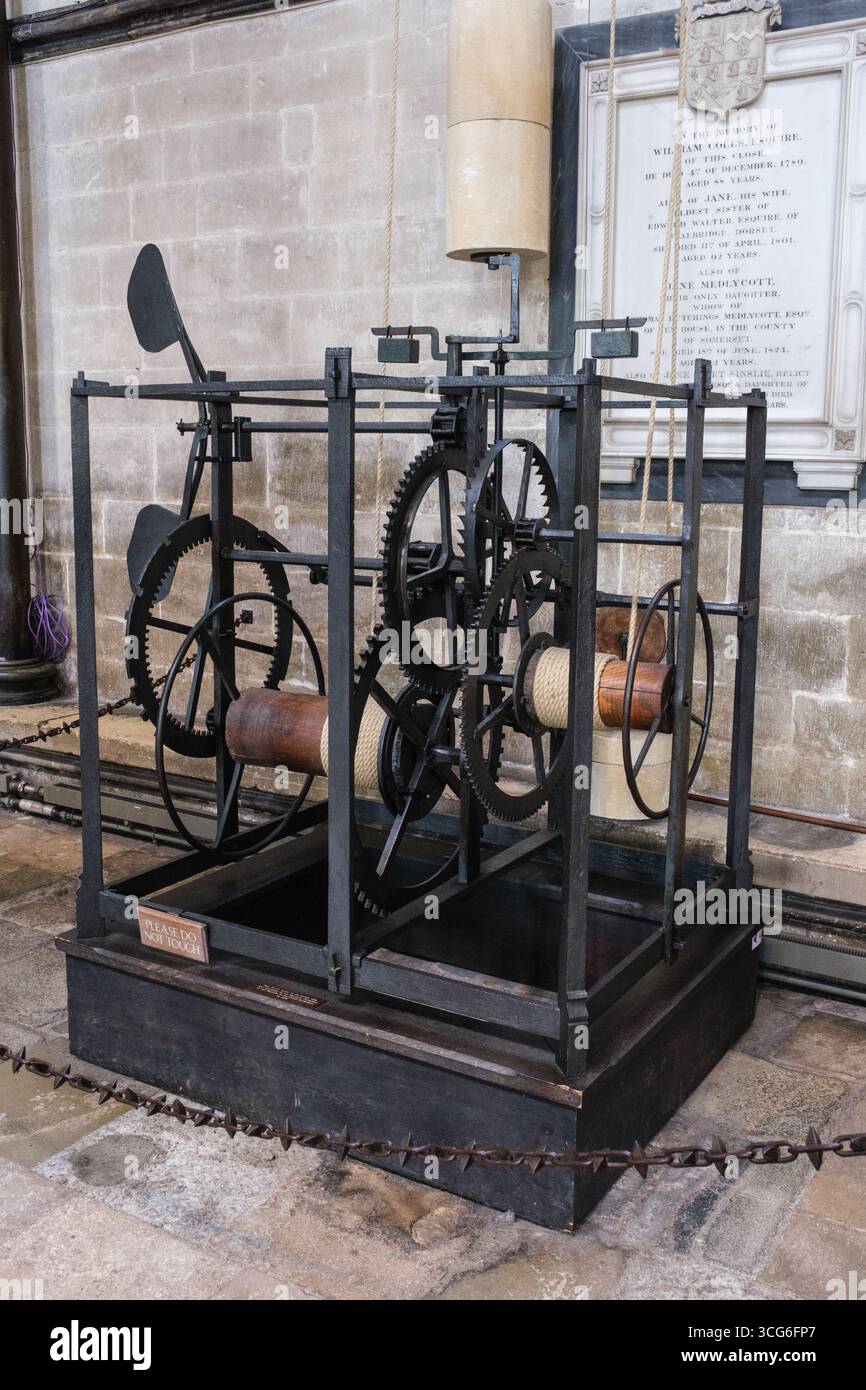 Salisbury, England, U.K. Medieval Clock, dating from about AD 1386, is ...