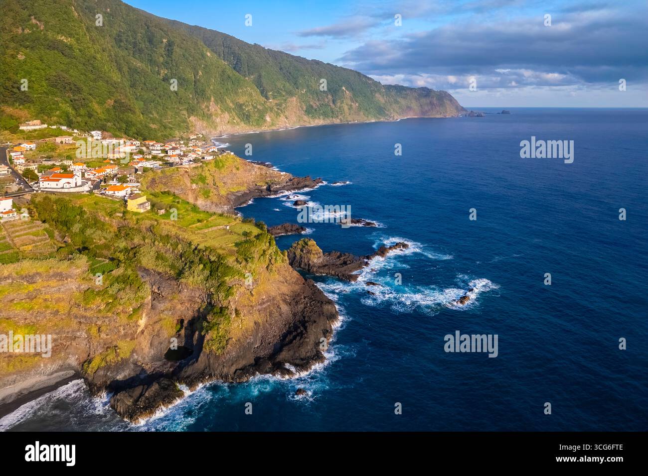 Aerial view of the coast of Seixal during sunrise. Madeira, Portugal, Europe. Stock Photo