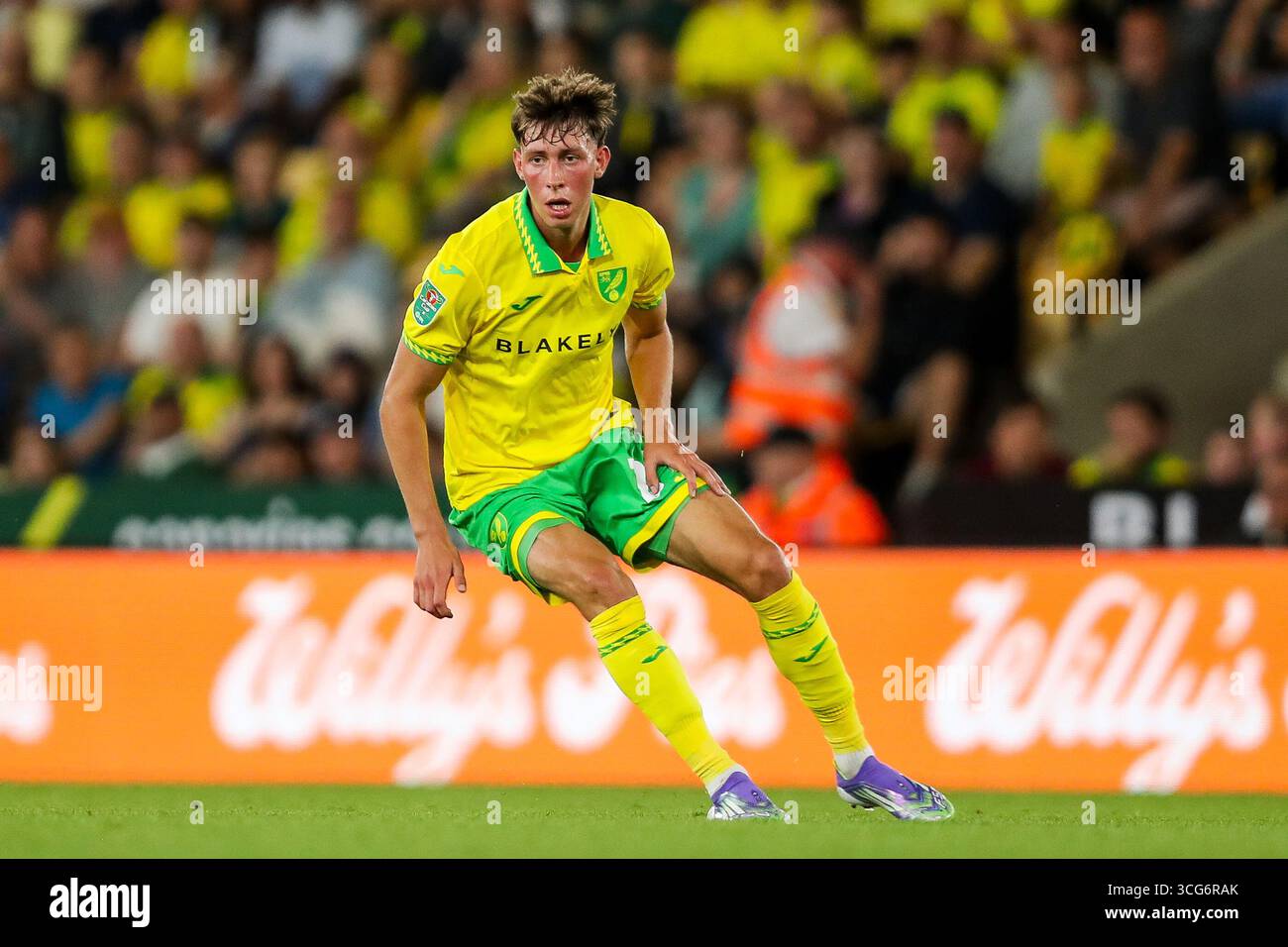 Oscar Schwartau of Norwich City in action during the Carabao Cup match ...