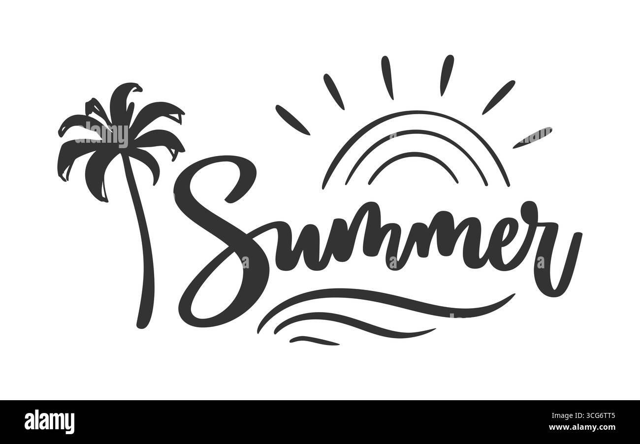Summer black ink calligraphy. Palm tree, sun rays and curved sea wave sketch style. Bright tropical mood lettering, sunny coastline daylight breeze, ocean view minimal stroke, beach feeling warmth Stock Vector