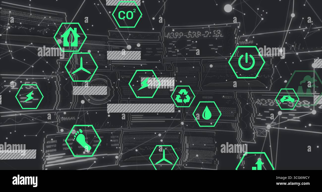 Displaying green hexagon icons showing eco symbols on digital interface ...