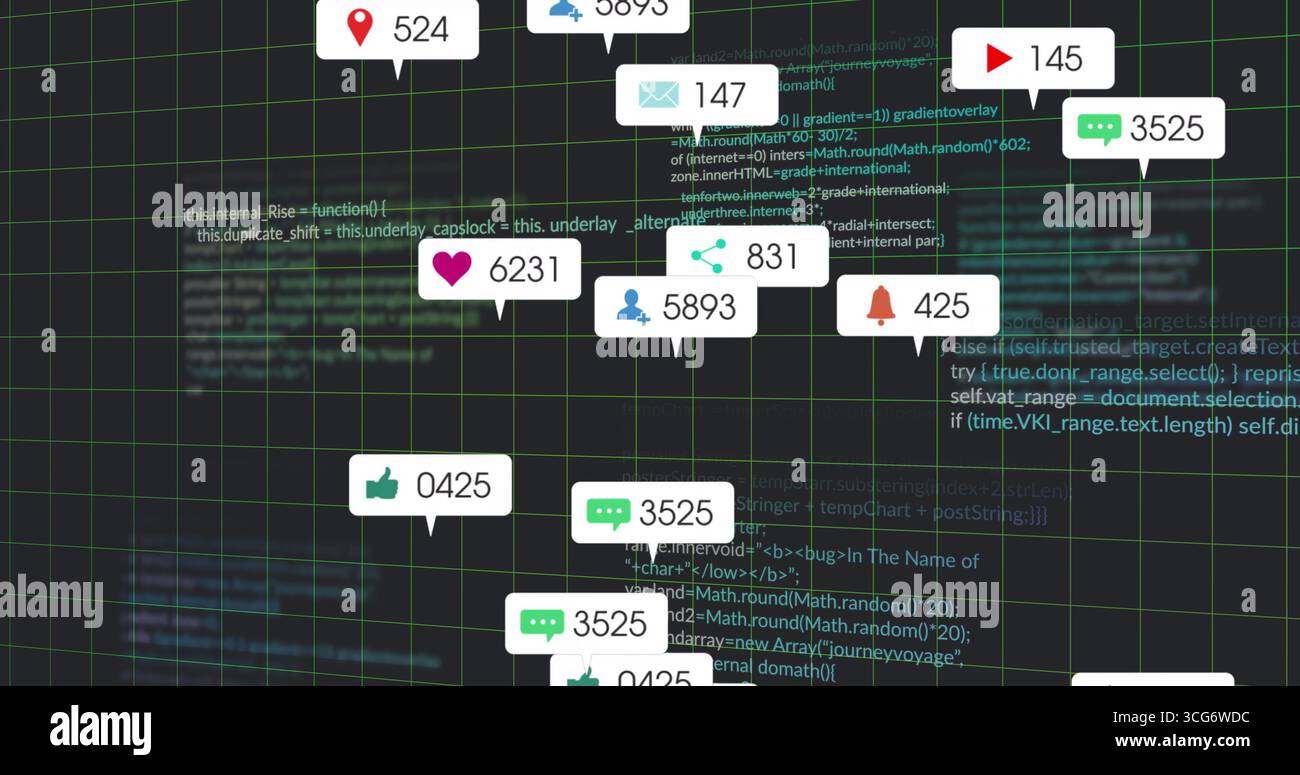 Displaying notification bubbles featuring social icons and counts over virtual code grid dashboard Stock Photo