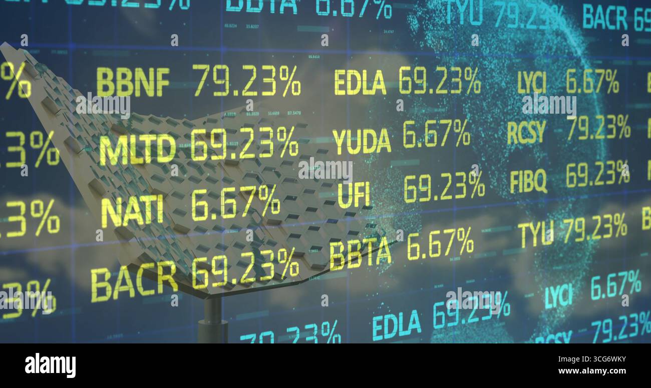 Displaying parabolic mesh dish projecting tickers, percentages in data space with network sphere Stock Photo