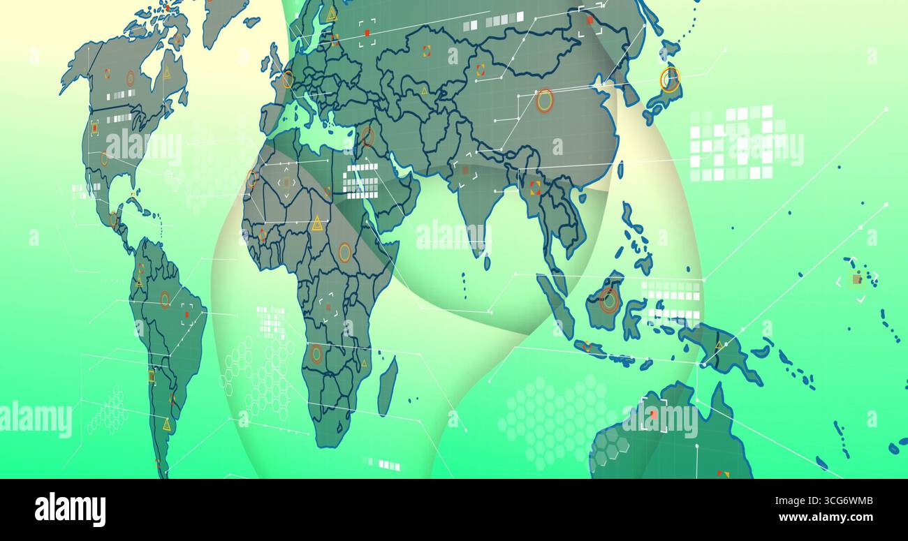 Digital world map graphic displaying hex grid, data nodes and ribbon overlays in virtual interface Stock Photo