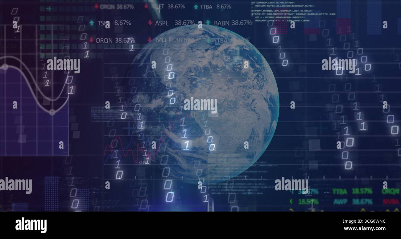 Showing Earth globe streaming binary digits, tickers, line charts, code, grid overlay on screen Stock Photo