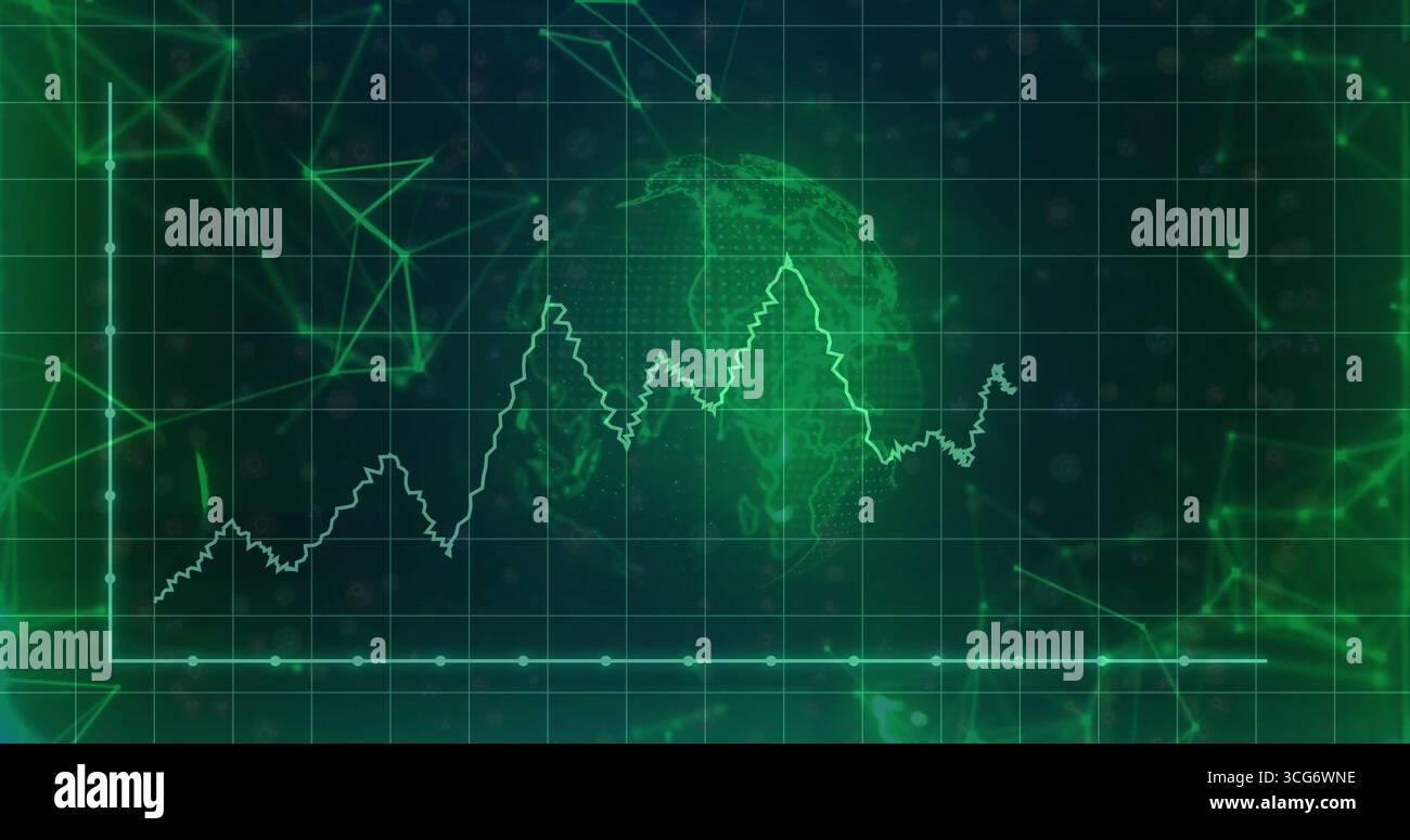 Displaying neon green line graph pulsating across virtual analytics dashboard, with wireframe globe Stock Photo