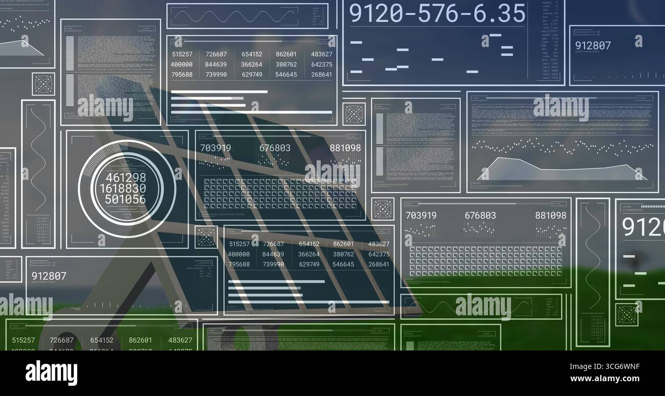 Displaying interface overlaying soccer field with white metal goal frame and data visualizations Stock Photo