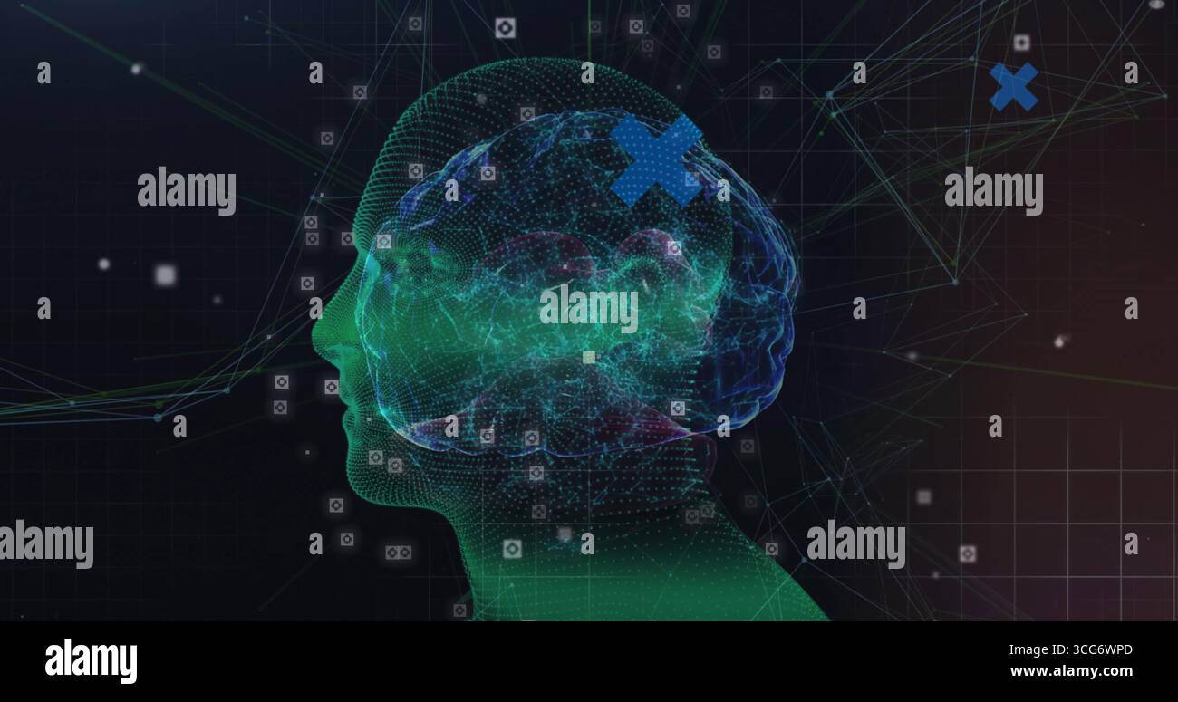 Displaying wireframe head silhouette with digital brain overlay in virtual network, with data icons Stock Photo