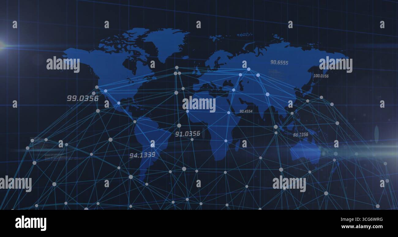 Displaying network map on dashboard, with white nodes, blue lines, data labels, grid, light flare Stock Photo