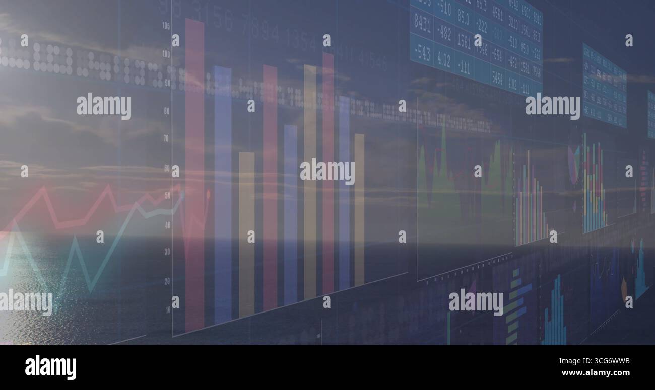 Floating digital charts hovering at ocean during sunrise, with bar ...