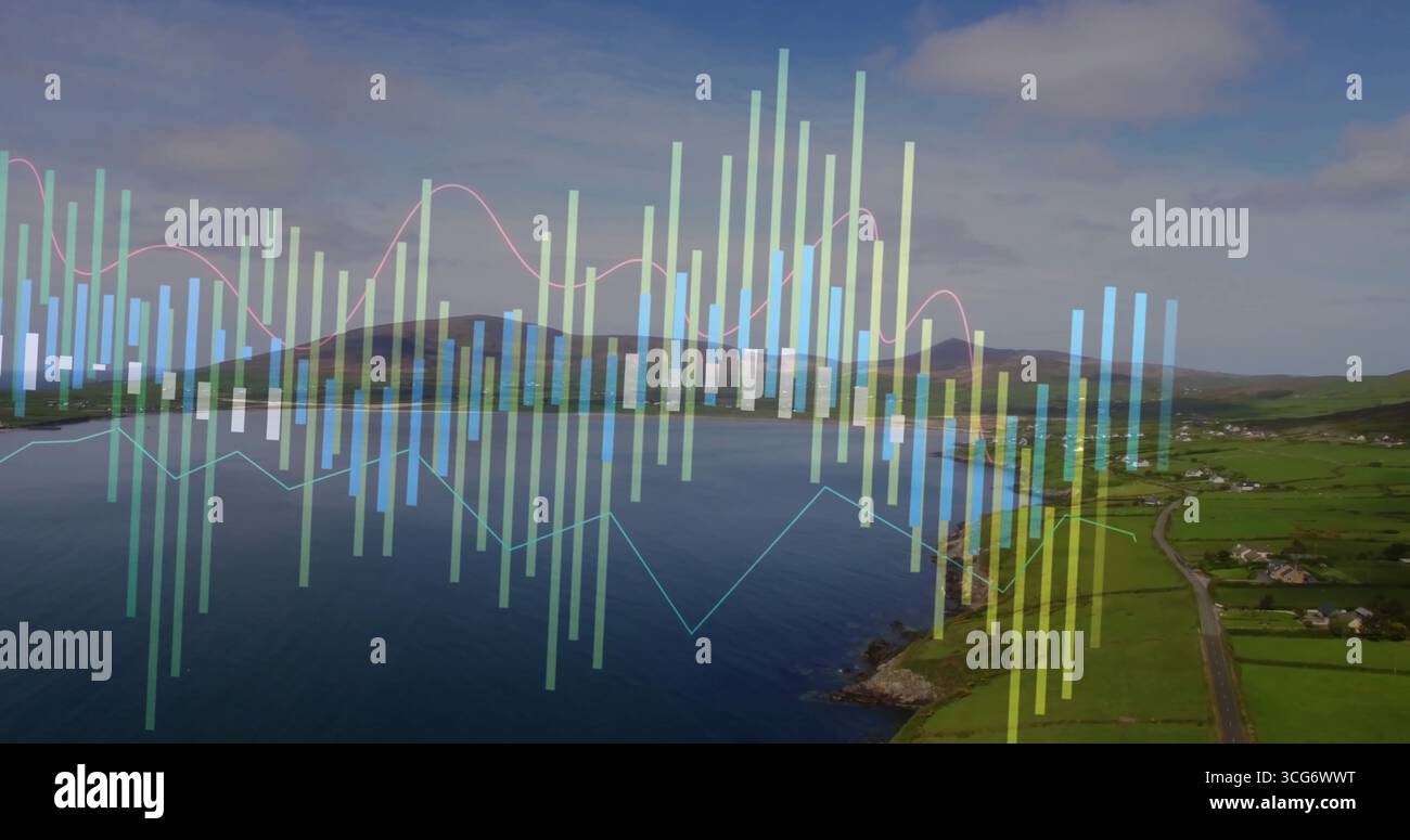 Displaying translucent bars and graphs hovering above coastal landscape ...