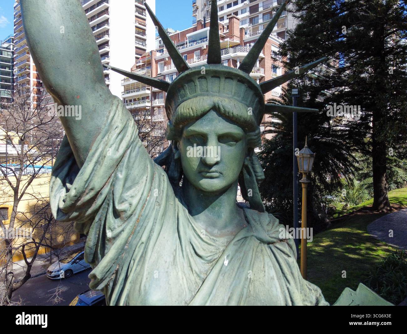 View of the bronze Bartholdi Statue of Liberty, a gift from the French community, located in the Barrancas de Belgrano park in Buenos Aires. Stock Photo