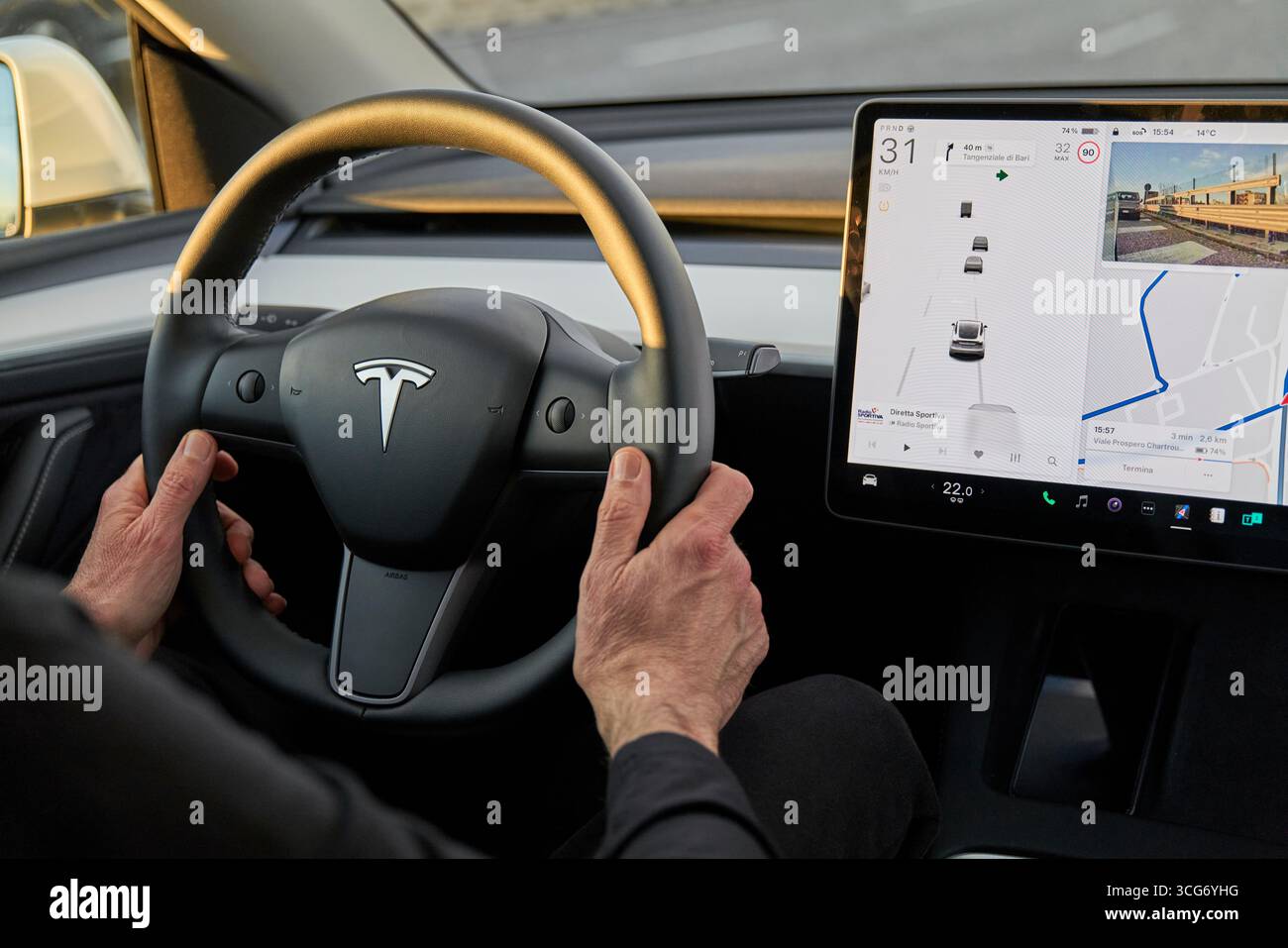 tesla-model-y-with-level-2-autopilot-feature-in-action-stock-photo-alamy