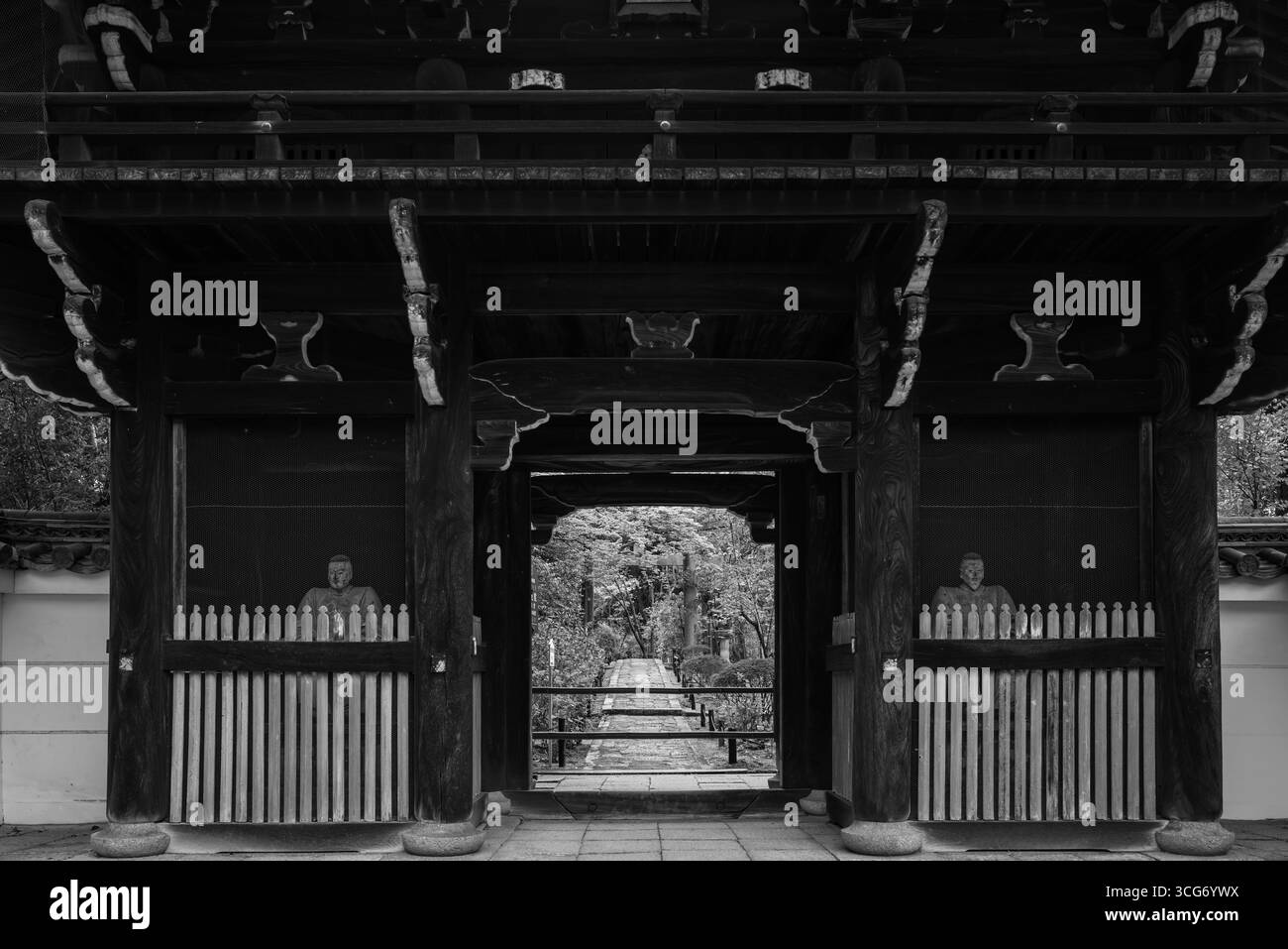 Monochrome view of an intricately designed Japanese Romon Tower Gate ...