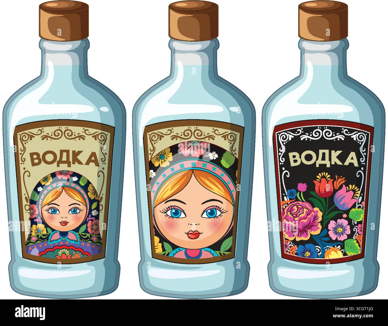 Three vodka bottles with colorful matryoshka doll labels and floral folk art, vector style. Stock Vector
