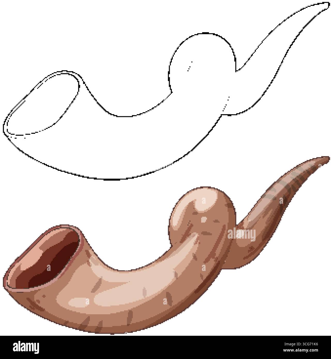 Shofar horn vector in realistic color and black outline, isolated on ...