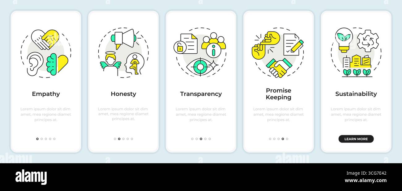 Corporate social responsibility pillars onboarding mobile app screen Stock Vector