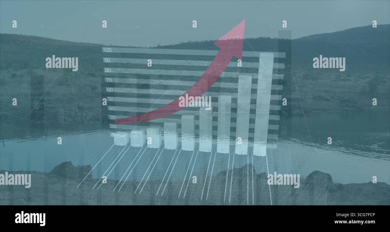 Floating 3D bar chart showing ascending bars above lake shore, with ...