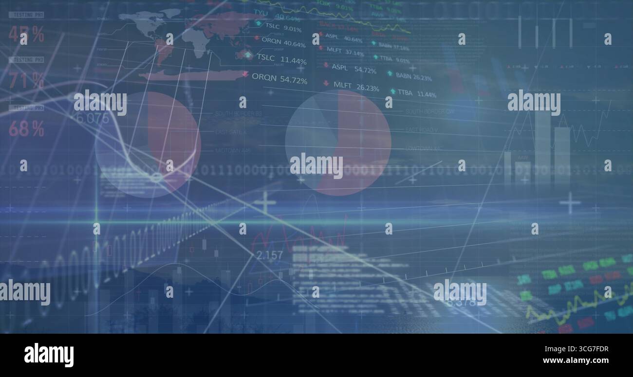 Showing dashboard overlay on screen featuring world map, charts, binary ...