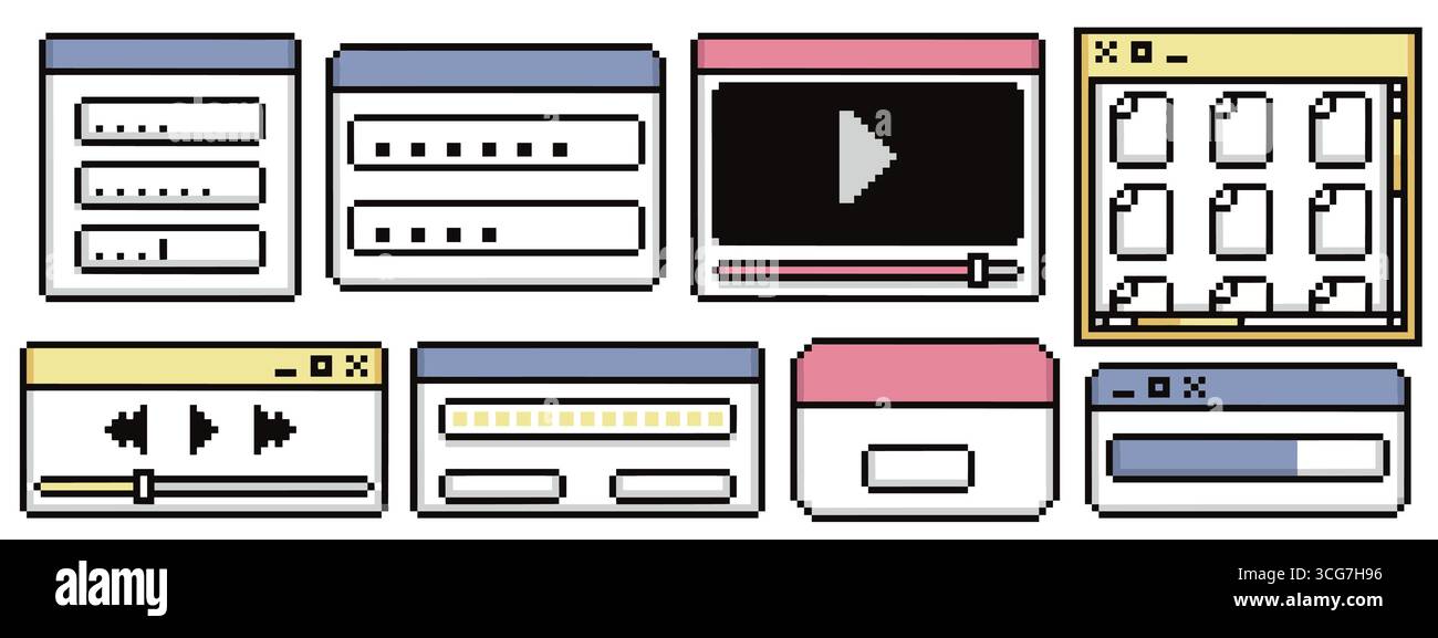 8 bit window designs with pixel frame ui elements for retro software - menu panels, video player and file browser layouts. Digital interface components with buttons, sliders and navigation bars. Stock Vector