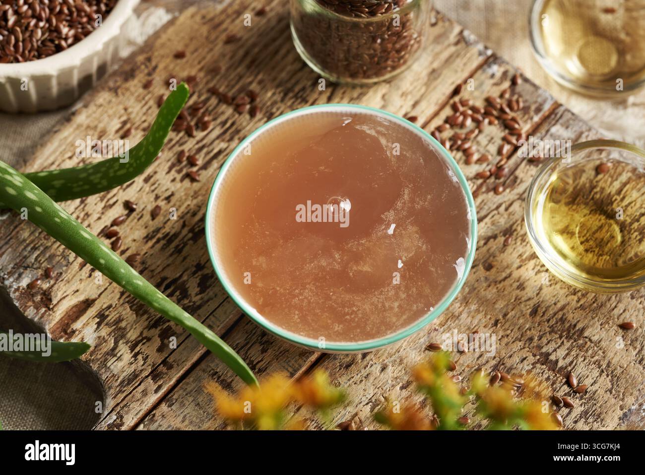 Flax seed gel in a bowl, aloe vera, argan oil, apple cider vinegar ...
