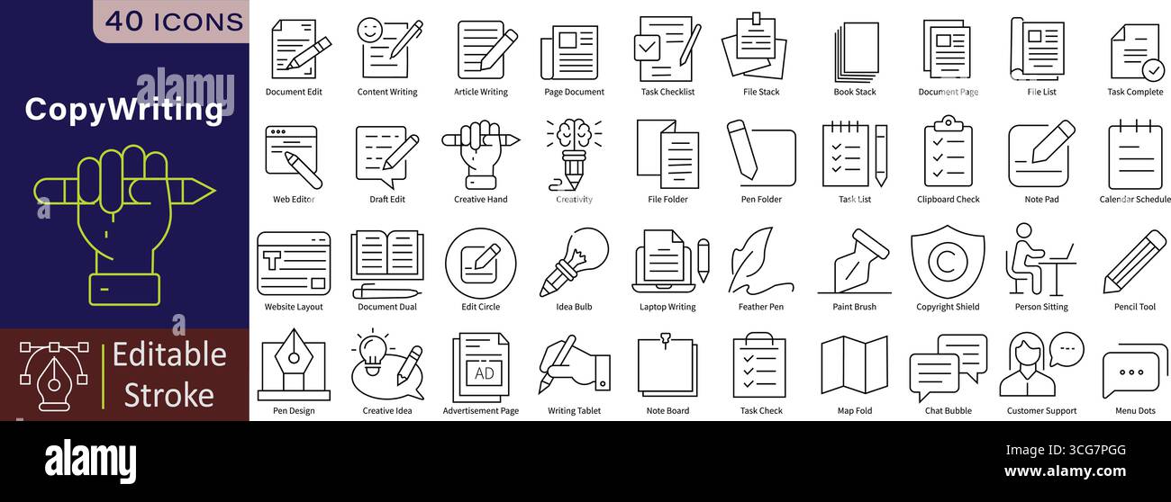 Copywriting Line Icons Set with Editable Stroke for Content, Writing, Marketing, and Creative Communication Strategy Stock Vector