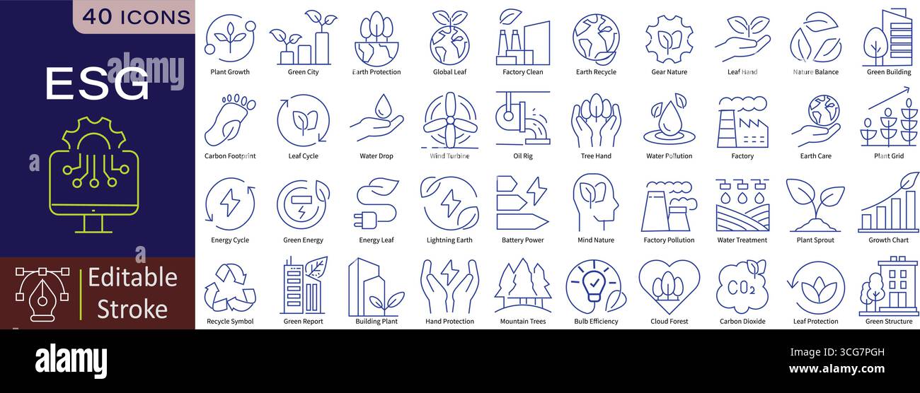 ESG Line Icons Set with Editable Stroke for Environmental, Social, Governance, and Sustainability Business Management Stock Vector
