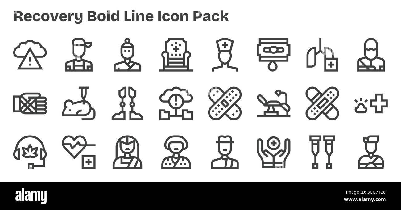 Curated pack of 24 vector icons in Bold Outline design, centered around Recovery concepts. Stock Vector