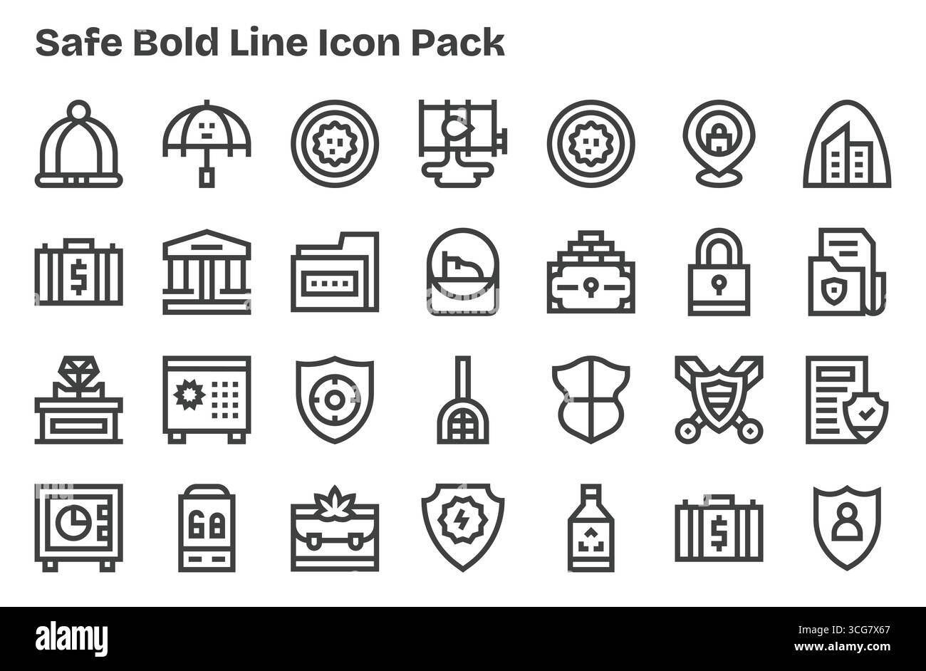 This collection features 28 Extra Bold Line-style icons tailored to the Safe theme, great for digital design. Stock Vector