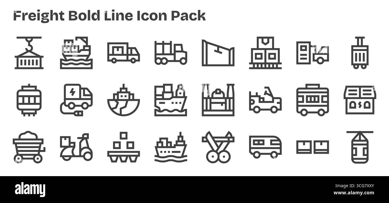 Professionally designed 24 icons in Bold Outline style, capturing the essence of Freight for UI design. Stock Vector