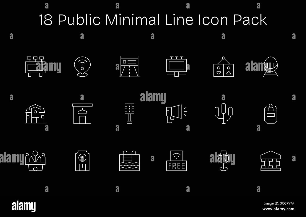 Enhance your projects with 18 Minimal Line icons themed around Public, ideal for clean and professional designs. Stock Vector