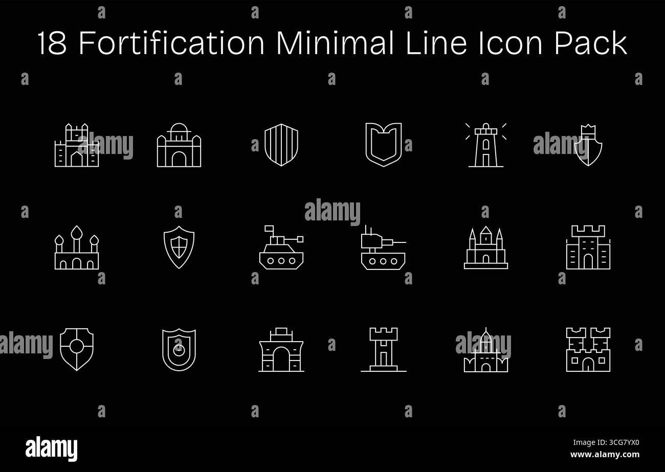 Set of 18 Minimal Line-style icons themed around Fortification, crafted ...