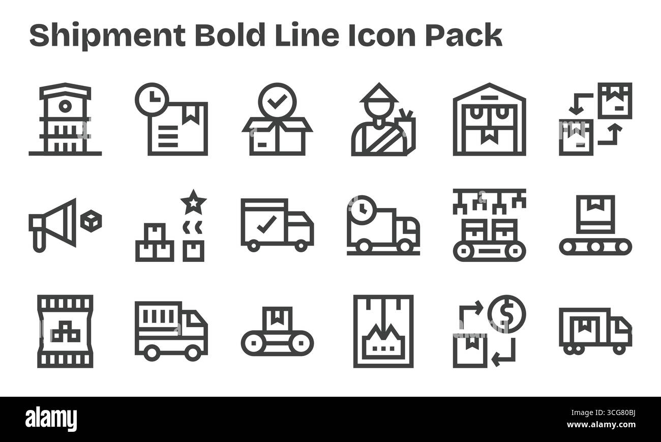 This Shipment icon pack includes 18 Bold Line vectors, perfect for enhancing digital interfaces. Stock Vector