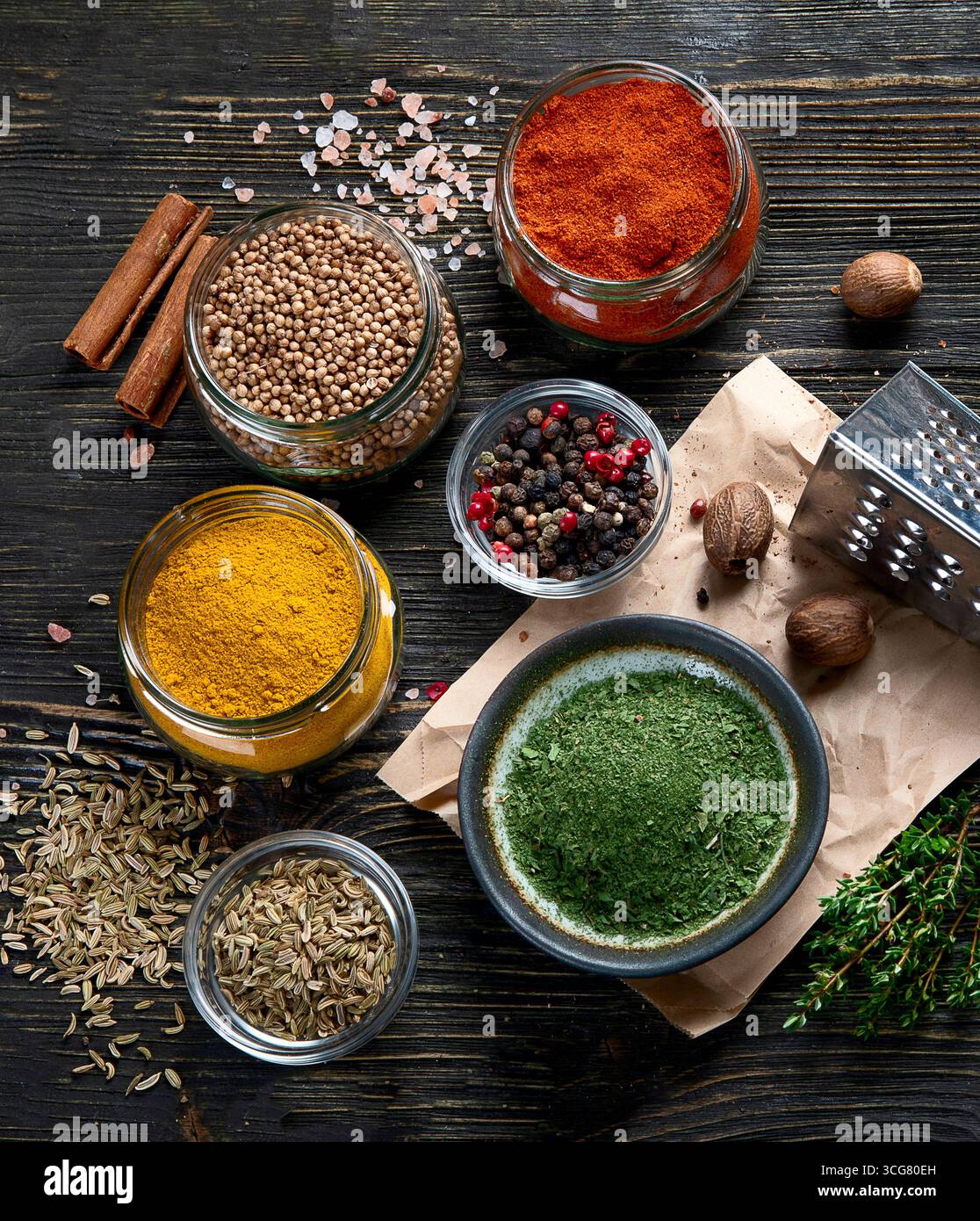 Various  spices for cooking on rustic wooden background. Stock Photo