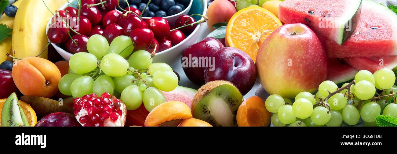 Fresh healthy fruits. Foods high in antioxidants, carbs,  minerals and  vitamins. Foods for immune boosting. Stock Photo