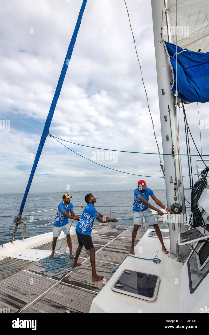 Sri Lanka, Southern Province, Sud, Süd, South, bateau, Schiff, boat, catamaran, Katamaran, voilier, Segelboot, Segelschiff, sailboat, sailing boat, oc Stock Photo