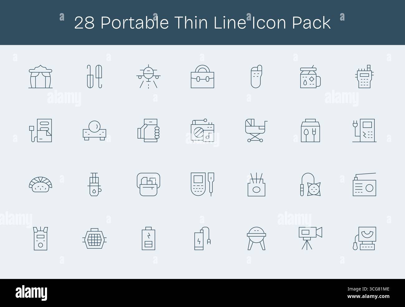 Curated pack of 28 vector icons in Thin Line design, centered around Portable concepts. Stock Vector