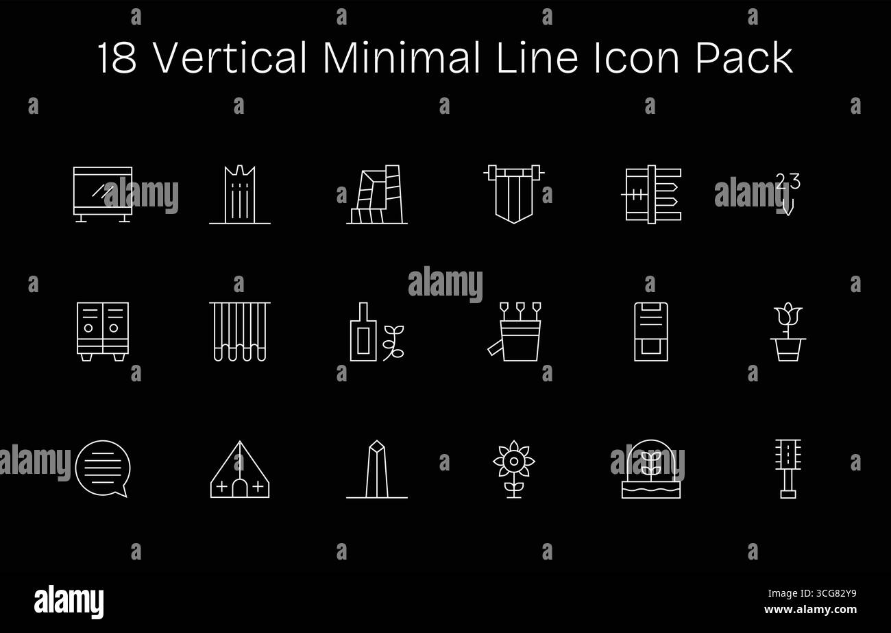 Discover a set of 18 Minimal Line icons crafted for the Vertical theme, ideal for modern UI/UX projects. Stock Vector