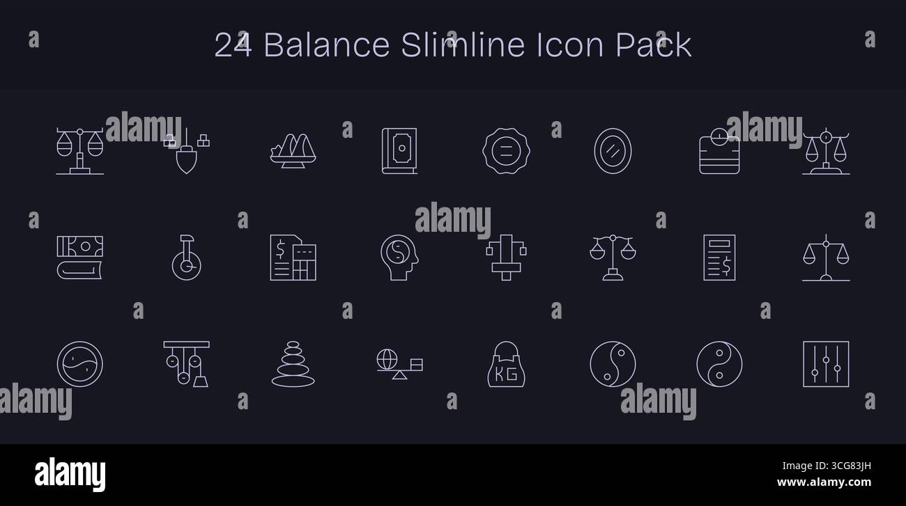 Curated pack of 24 vector icons in Slim Line design, centered around Balance concepts. Stock Vector