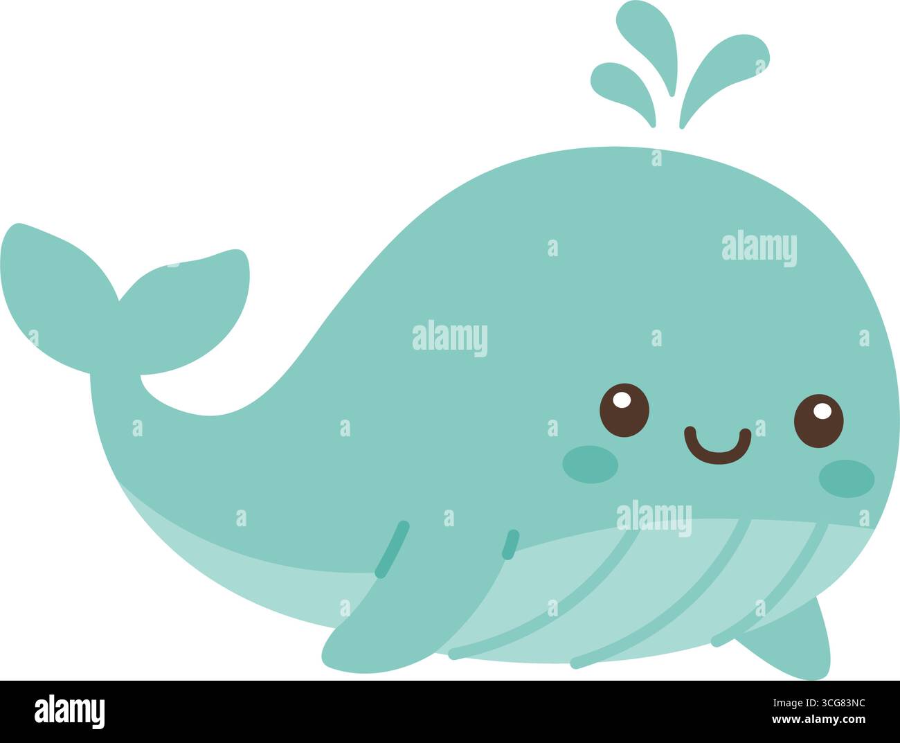 Smiling cartoon whale with belly stripes and water splash. Flat vector ...