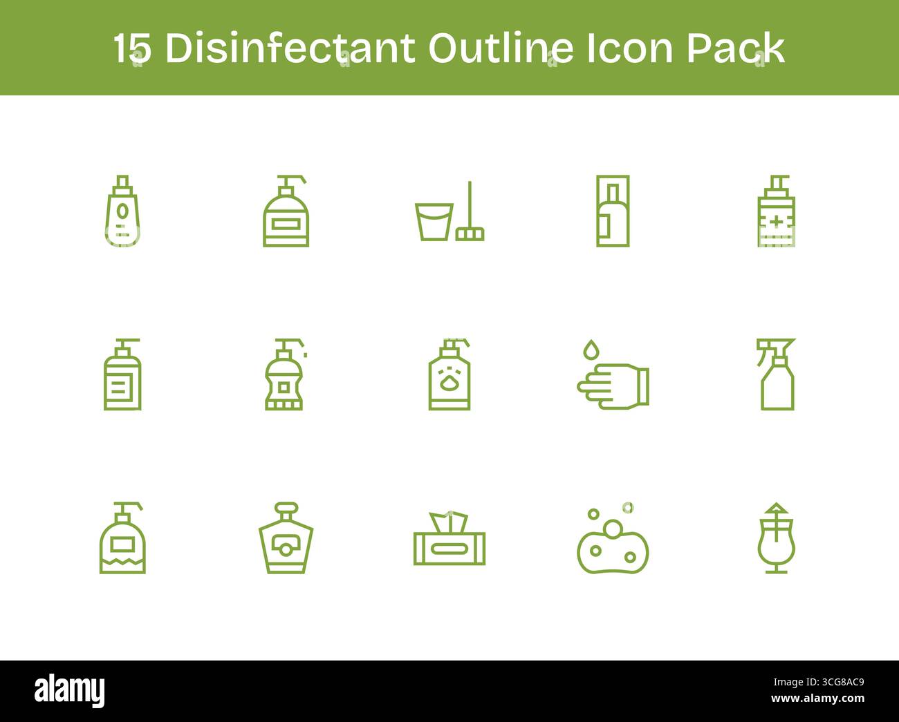Collection of 15 Outline-style vector icons for Disinfectant, designed ...