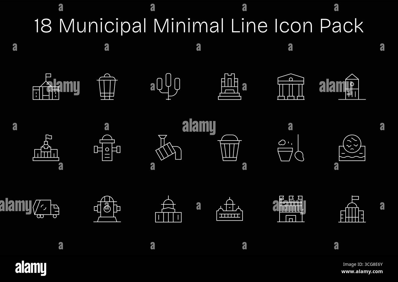 A clean collection of 18 Minimal Line icons representing Municipal, designed for modern dashboards and interfaces. Stock Vector