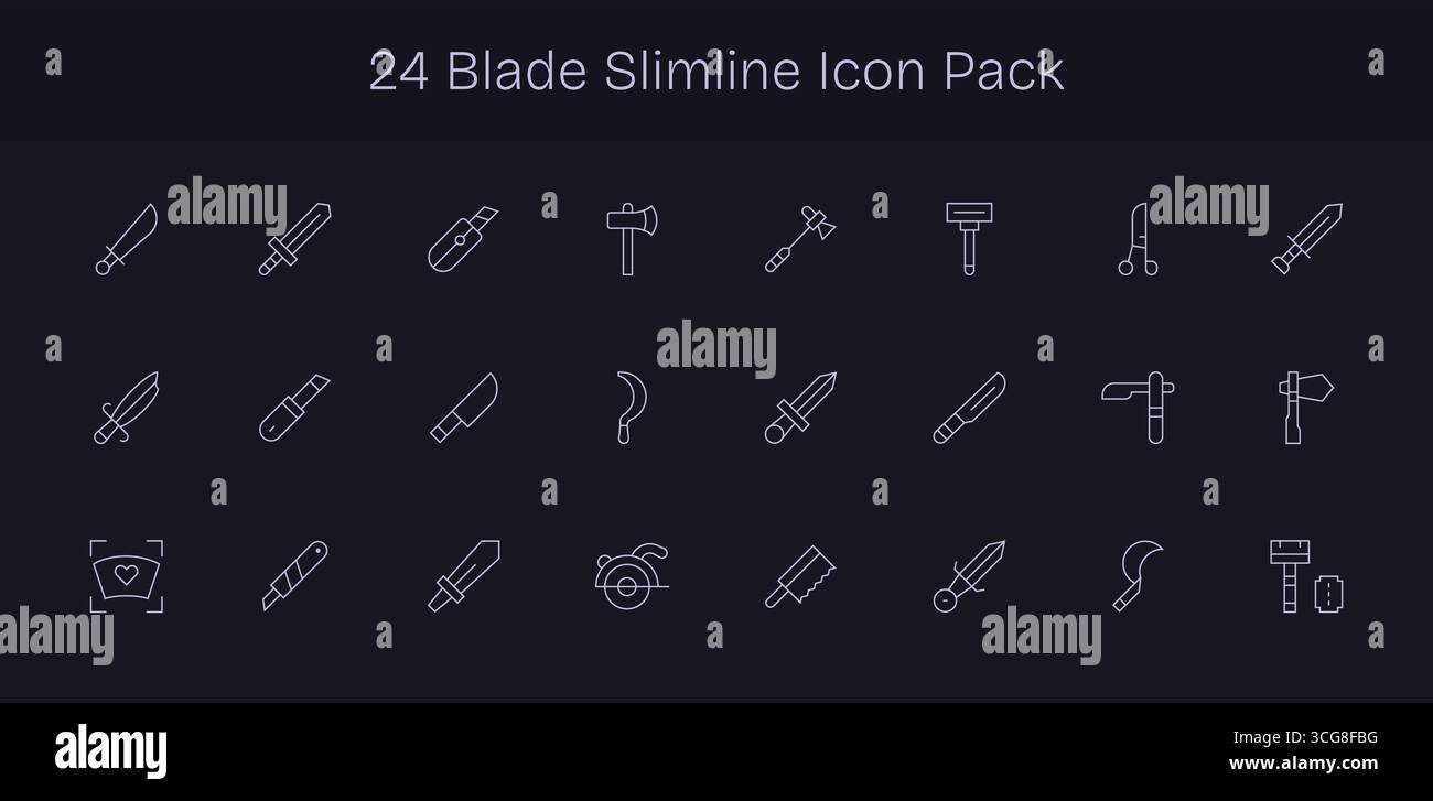 Curated pack of 24 vector icons in Slim Line design, centered around Blade concepts. Stock Vector