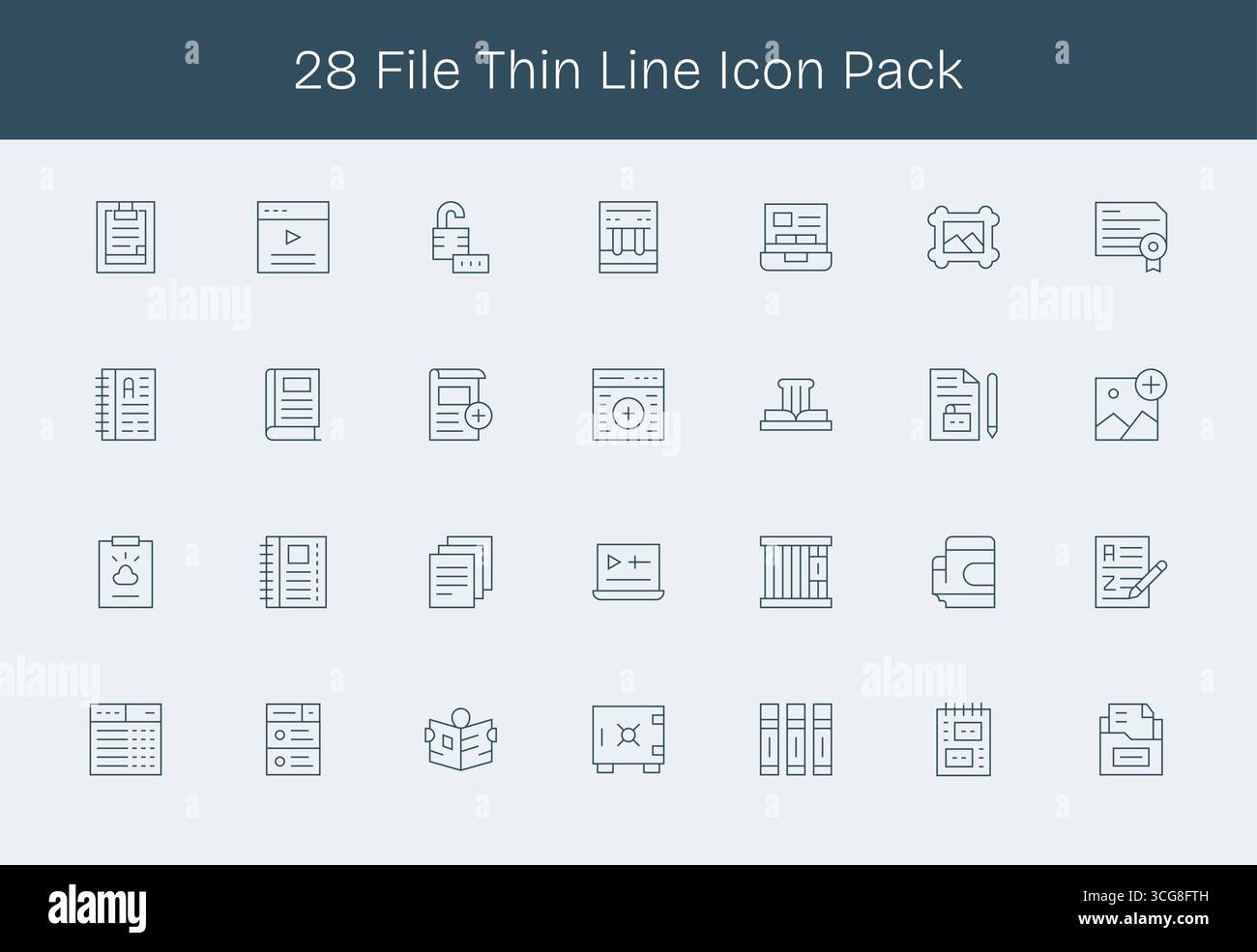 A versatile set of 28 Thin Line vector icons focused on File, ideal for mobile and web applications. Stock Vector