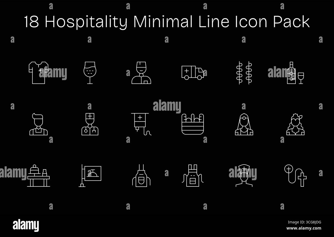 This set of 18 Minimal Line icons captures Hospitality themes, perfect for tech and business applications. Stock Vector