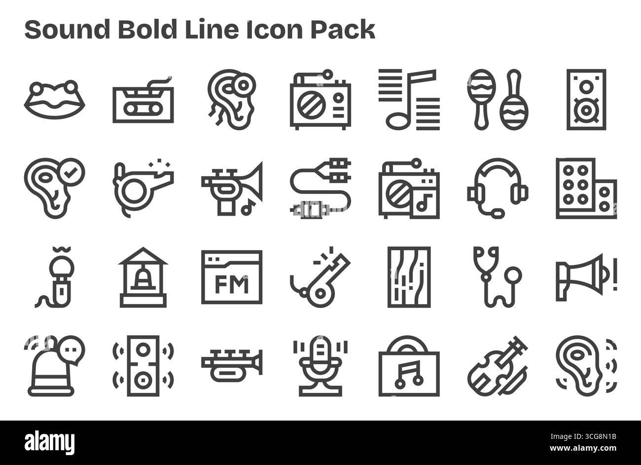 This collection features 28 Extra Bold Line-style icons tailored to the Sound theme, great for digital design. Stock Vector