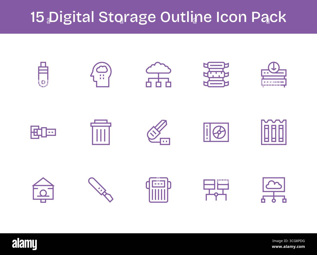 Curated pack of 15 vector icons in Outline design, centered around Digital Storage concepts. Stock Vector